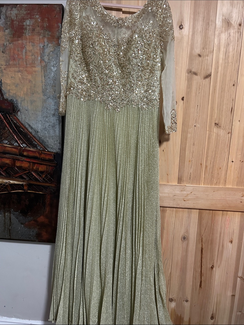Gold Embellished Long mesh Sleeve Evening Dress